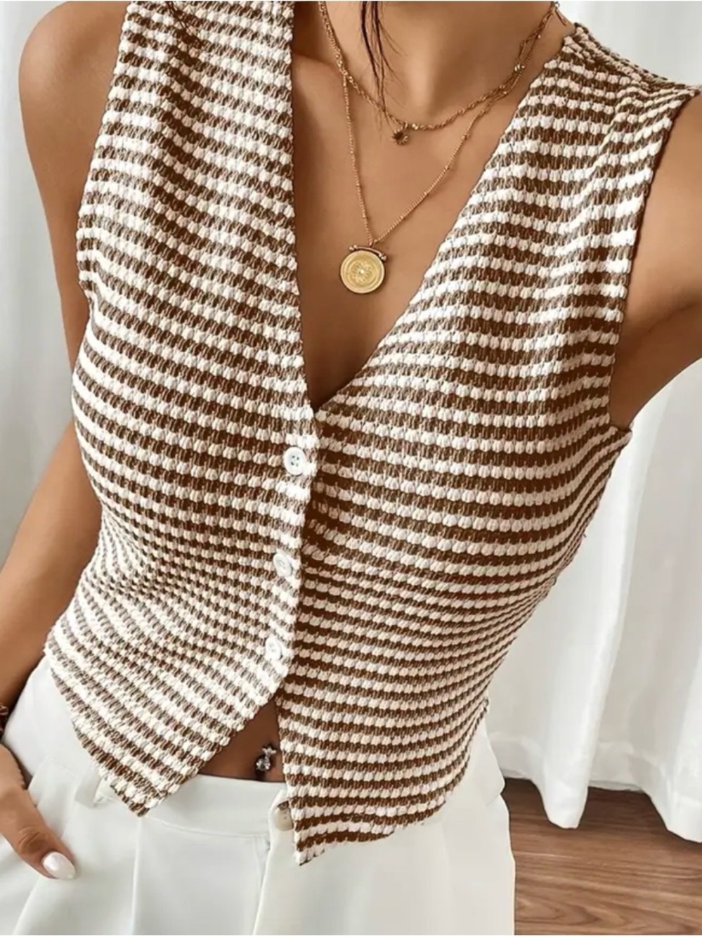 Striped V-Neck Button Front Knit Tank in Brown & White